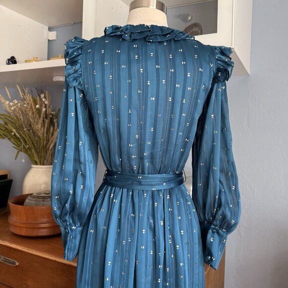 MISA Gabriella Asymmetric Striped Wrap Midi-Dress Chiffon Ruffles - Picture 7 of 12